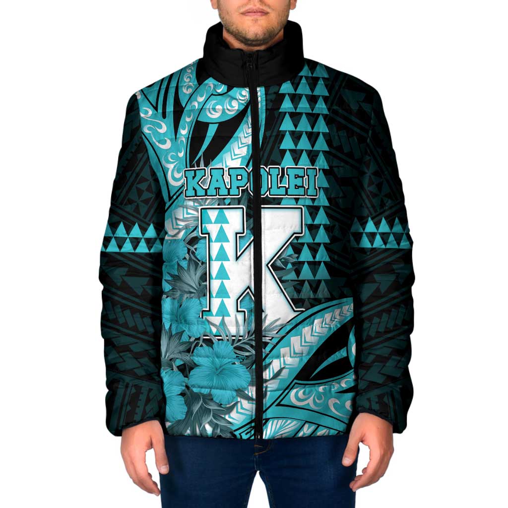 Personalised Hawaii Kapolei High School Padded Jacket Tribal Tattoo With Hibiscus Flowers LT05 Men Dark Teal - Polynesian Pride