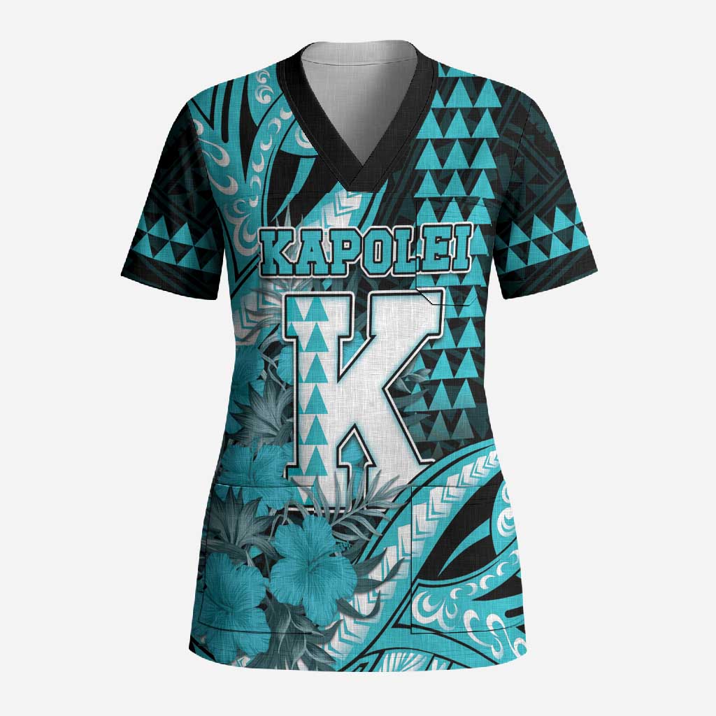 Personalised Hawaii Kapolei High School Scrub Top Tribal Tattoo With Hibiscus Flowers