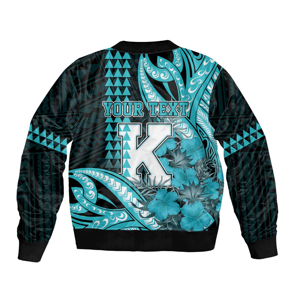 Personalised Hawaii Kapolei High School Sleeve Zip Bomber Jacket Tribal Tattoo With Hibiscus Flowers