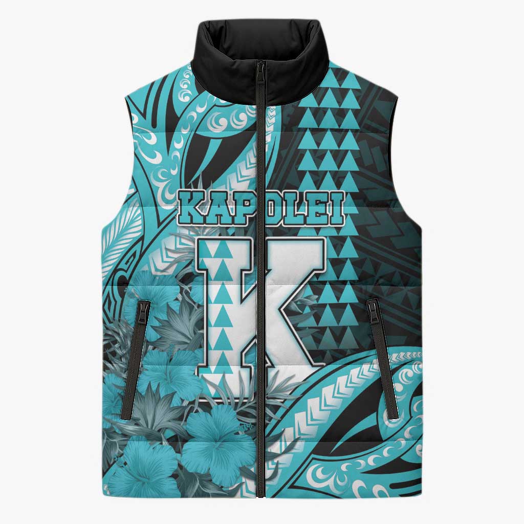 Personalised Hawaii Kapolei High School Sleeveless Puffer Jacket Tribal Tattoo With Hibiscus Flowers LT05 Unisex Dark Teal - Polynesian Pride
