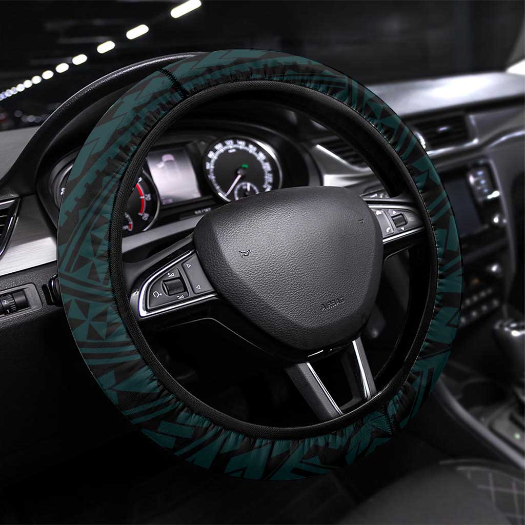 Hawaii Kapolei High School Steering Wheel Cover Tribal Tattoo With Hibiscus Flowers LT05 Universal Fit Dark Teal - Polynesian Pride