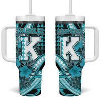 Personalised Hawaii Kapolei High School Tumbler With Handle Tribal Tattoo With Hibiscus Flowers LT05 One Size: 40 oz Dark Teal - Polynesian Pride