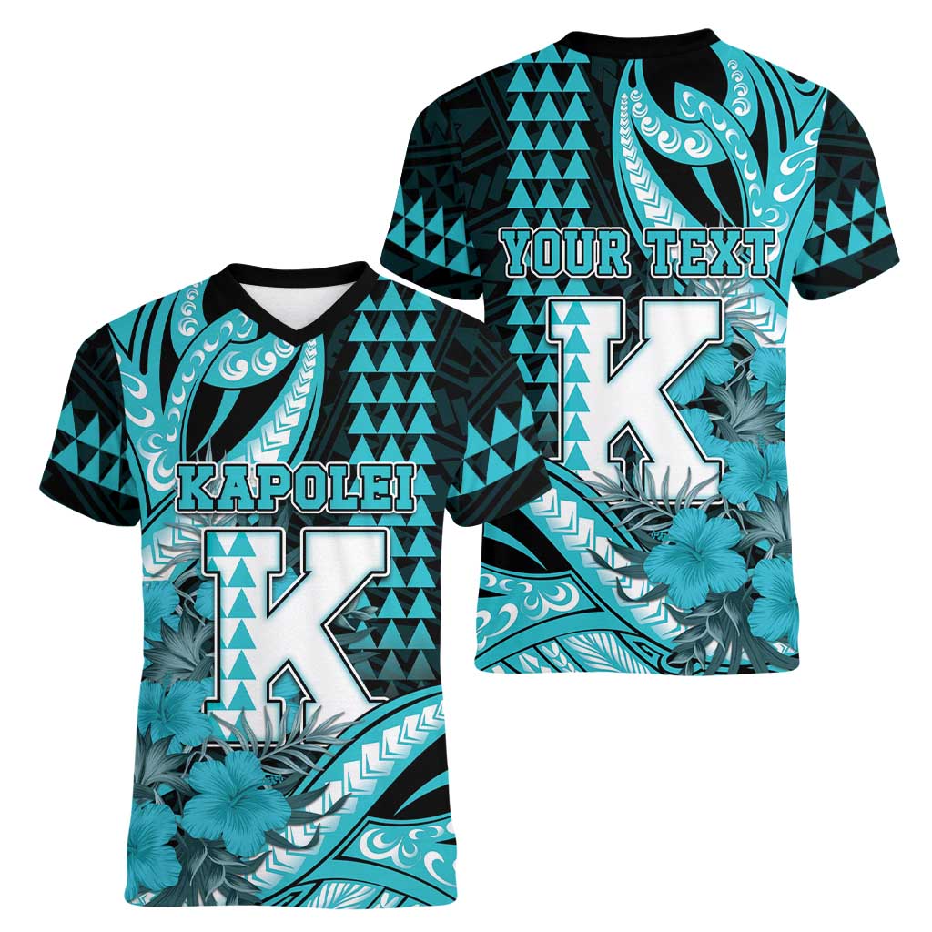 Personalised Hawaii Kapolei High School Women V-Neck T-Shirt Tribal Tattoo With Hibiscus Flowers