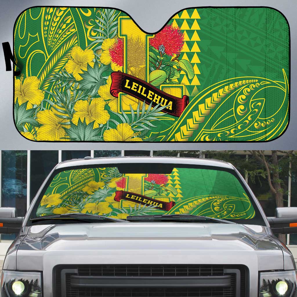 Hawaii Leilehua High School Auto Sun Shade Tribal Tattoo With Hibiscus Flowers LT05 Green - Polynesian Pride