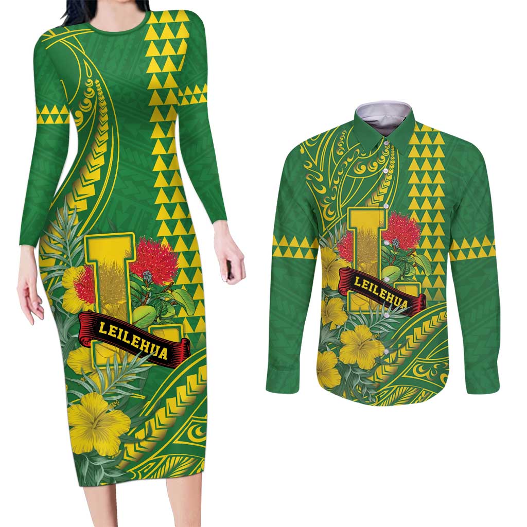 Personalised Hawaii Leilehua High School Couples Matching Long Sleeve Bodycon Dress and Long Sleeve Button Shirt Tribal Tattoo With Hibiscus Flowers