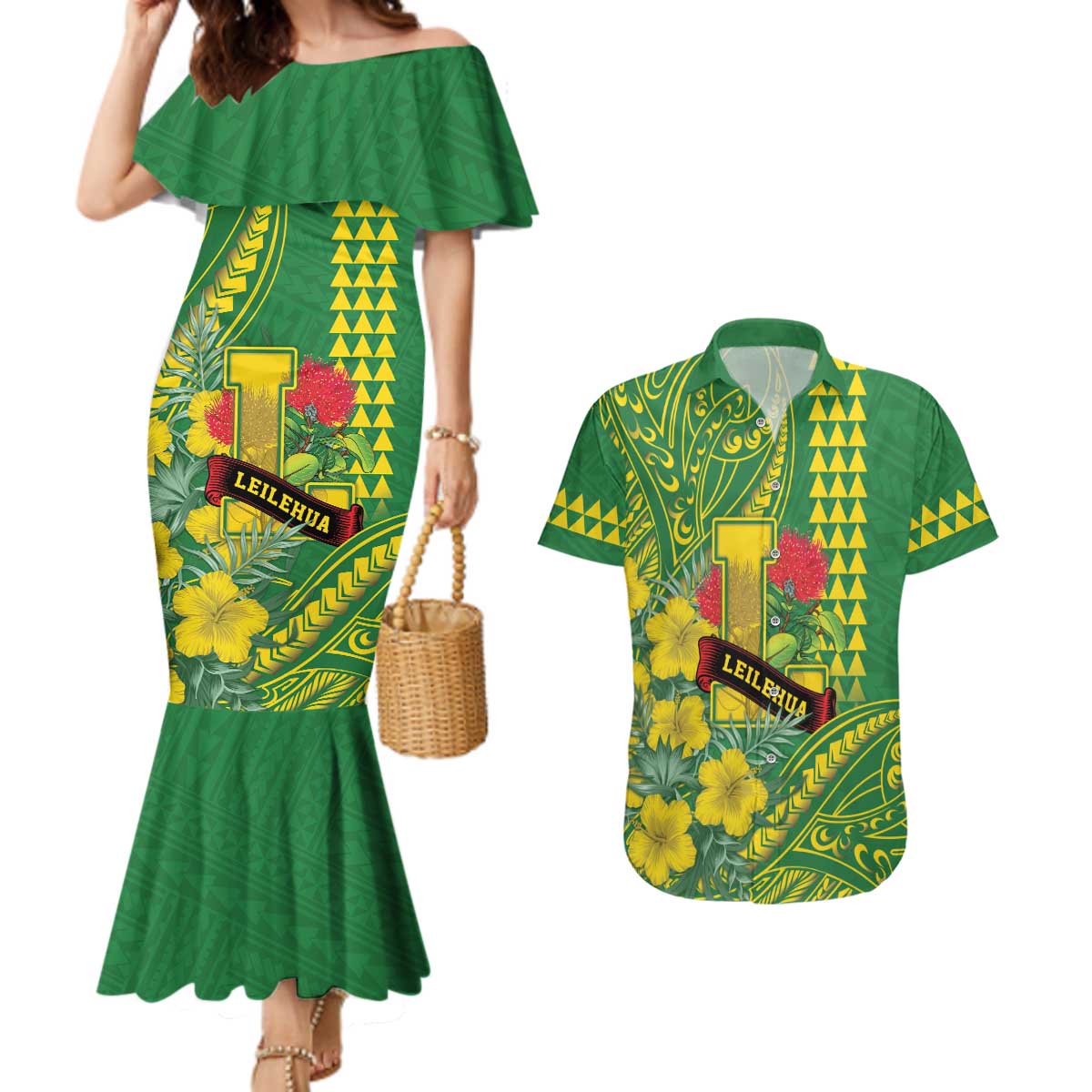 Personalised Hawaii Leilehua High School Couples Matching Mermaid Dress and Hawaiian Shirt Tribal Tattoo With Hibiscus Flowers LT05 Green - Polynesian Pride