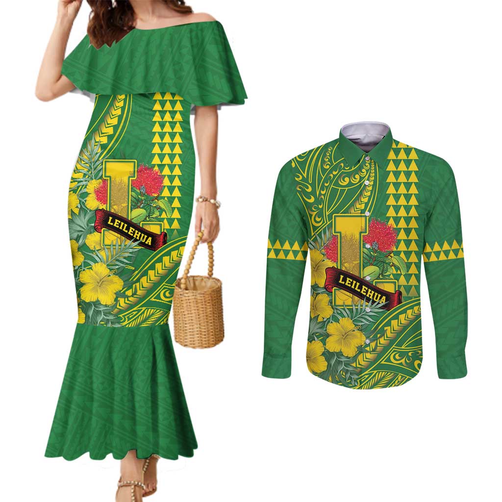 Personalised Hawaii Leilehua High School Couples Matching Mermaid Dress and Long Sleeve Button Shirt Tribal Tattoo With Hibiscus Flowers