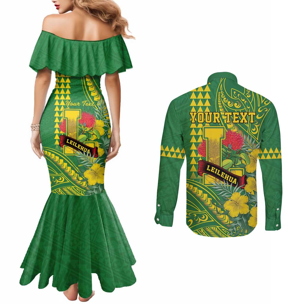 Personalised Hawaii Leilehua High School Couples Matching Mermaid Dress and Long Sleeve Button Shirt Tribal Tattoo With Hibiscus Flowers