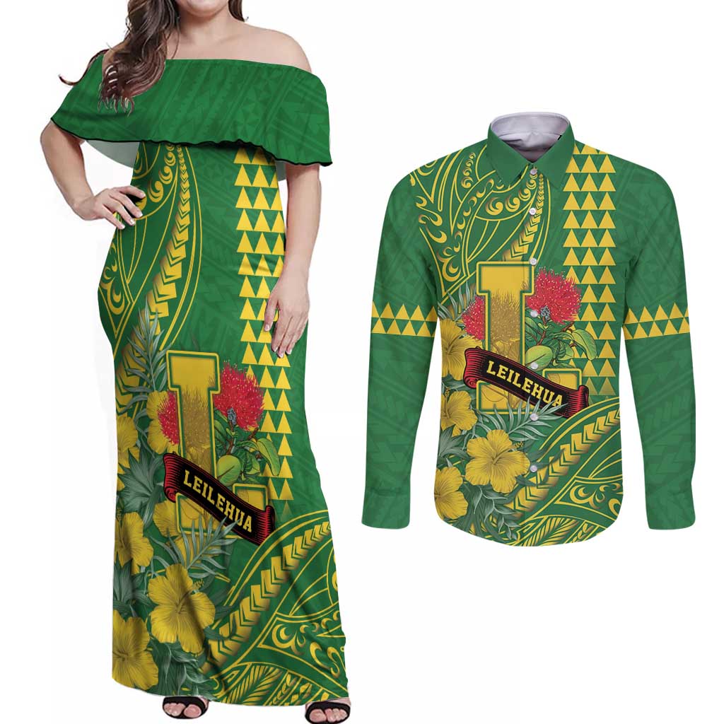 Personalised Hawaii Leilehua High School Couples Matching Off Shoulder Maxi Dress and Long Sleeve Button Shirt Tribal Tattoo With Hibiscus Flowers LT05 Green - Polynesian Pride