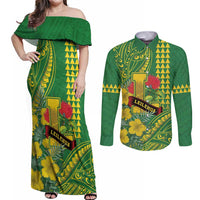 Personalised Hawaii Leilehua High School Couples Matching Off Shoulder Maxi Dress and Long Sleeve Button Shirt Tribal Tattoo With Hibiscus Flowers LT05 Green - Polynesian Pride