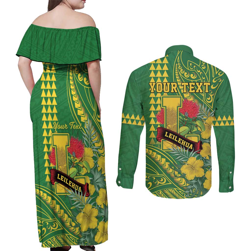 Personalised Hawaii Leilehua High School Couples Matching Off Shoulder Maxi Dress and Long Sleeve Button Shirt Tribal Tattoo With Hibiscus Flowers LT05 - Polynesian Pride