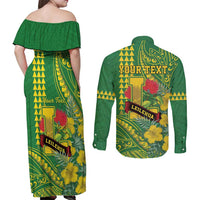 Personalised Hawaii Leilehua High School Couples Matching Off Shoulder Maxi Dress and Long Sleeve Button Shirt Tribal Tattoo With Hibiscus Flowers LT05 - Polynesian Pride