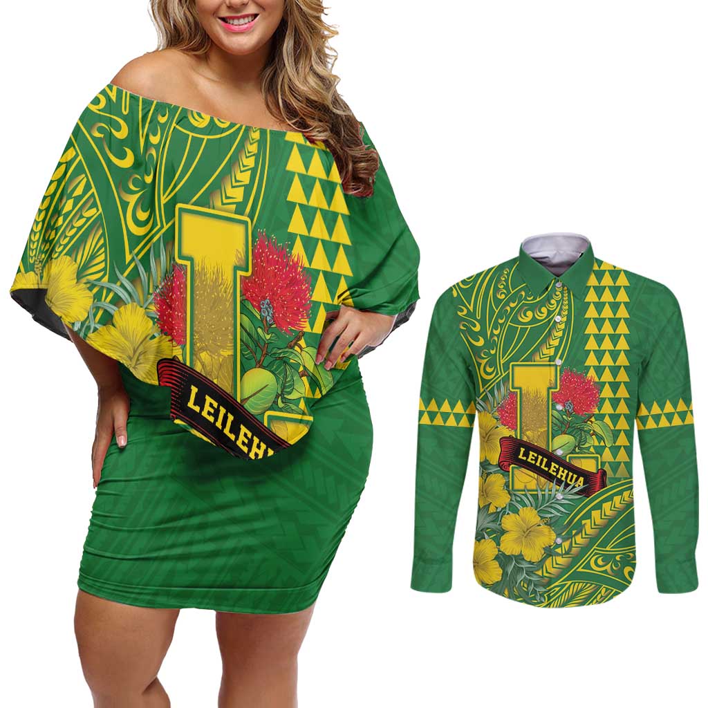 Personalised Hawaii Leilehua High School Couples Matching Off Shoulder Short Dress and Long Sleeve Button Shirt Tribal Tattoo With Hibiscus Flowers LT05 Green - Polynesian Pride