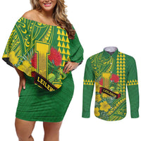 Personalised Hawaii Leilehua High School Couples Matching Off Shoulder Short Dress and Long Sleeve Button Shirt Tribal Tattoo With Hibiscus Flowers LT05 Green - Polynesian Pride