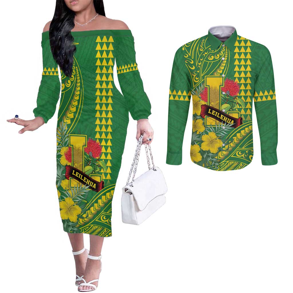Personalised Hawaii Leilehua High School Couples Matching Off The Shoulder Long Sleeve Dress and Long Sleeve Button Shirt Tribal Tattoo With Hibiscus Flowers