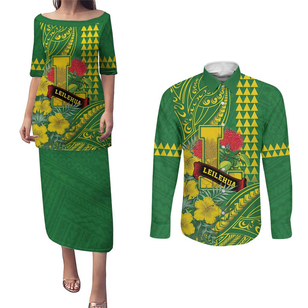 Personalised Hawaii Leilehua High School Couples Matching Puletasi and Long Sleeve Button Shirt Tribal Tattoo With Hibiscus Flowers LT05 Green - Polynesian Pride
