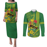 Personalised Hawaii Leilehua High School Couples Matching Puletasi and Long Sleeve Button Shirt Tribal Tattoo With Hibiscus Flowers LT05 Green - Polynesian Pride