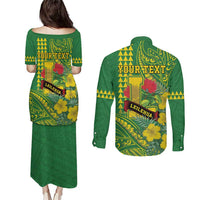 Personalised Hawaii Leilehua High School Couples Matching Puletasi and Long Sleeve Button Shirt Tribal Tattoo With Hibiscus Flowers LT05 - Polynesian Pride