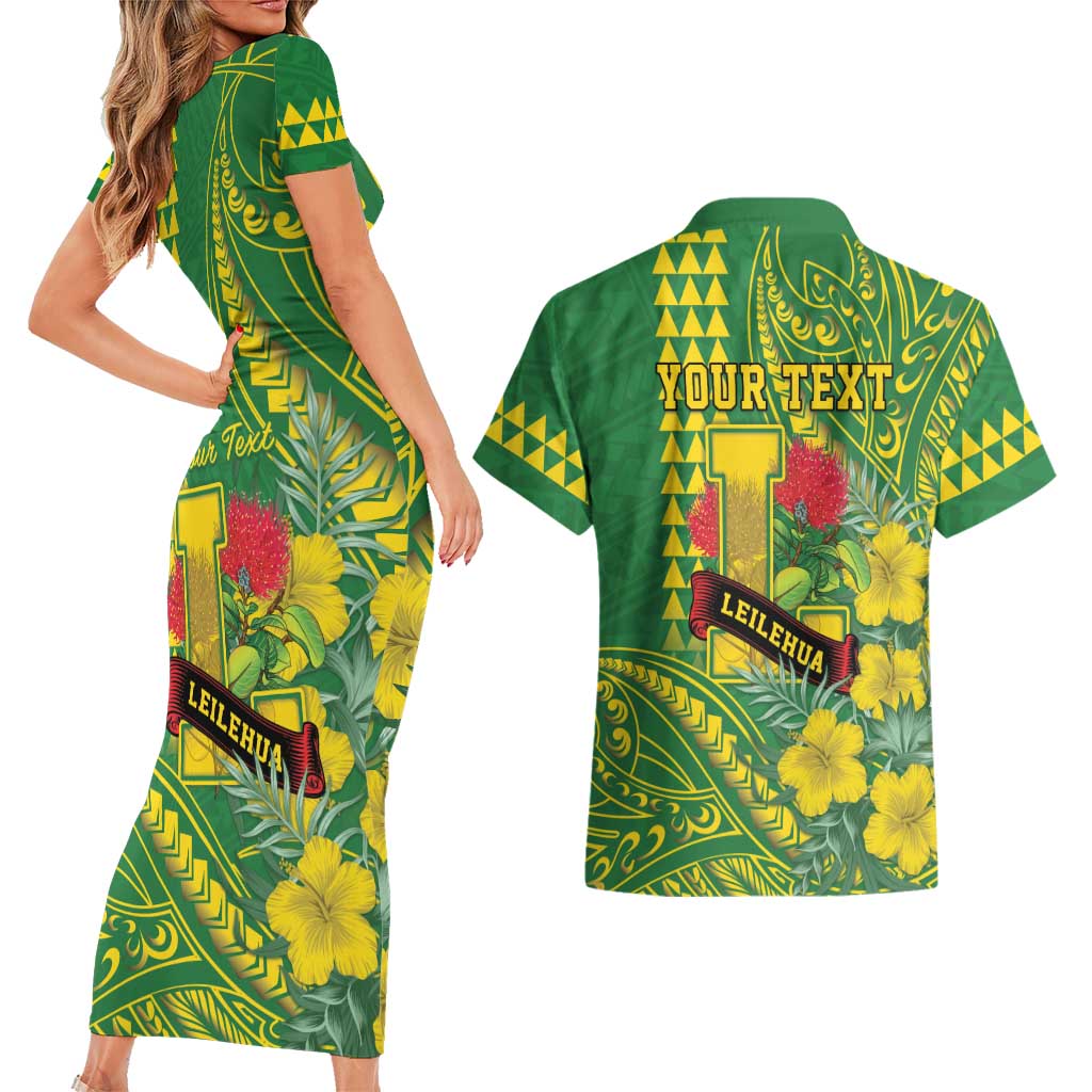 Personalised Hawaii Leilehua High School Couples Matching Short Sleeve Bodycon Dress and Hawaiian Shirt Tribal Tattoo With Hibiscus Flowers