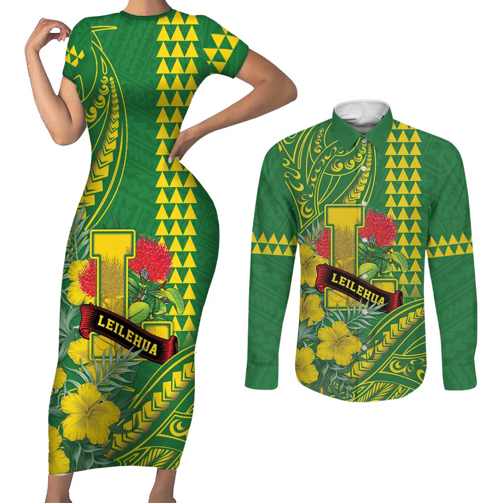 Personalised Hawaii Leilehua High School Couples Matching Short Sleeve Bodycon Dress and Long Sleeve Button Shirt Tribal Tattoo With Hibiscus Flowers