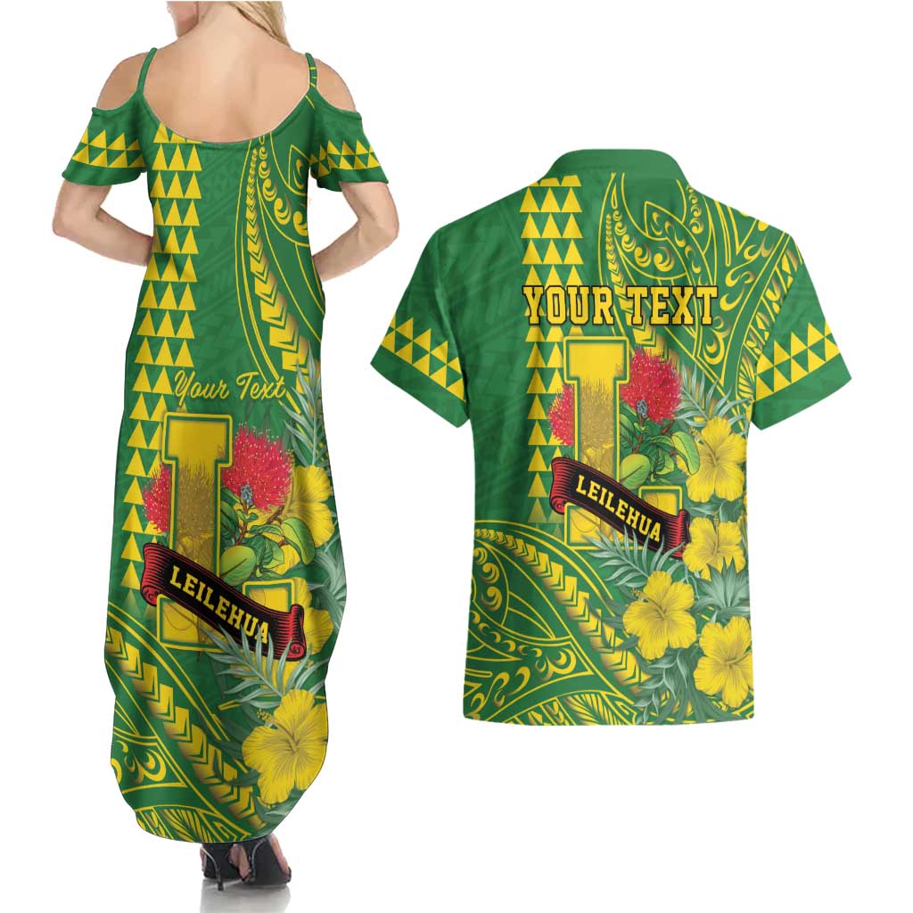 Personalised Hawaii Leilehua High School Couples Matching Summer Maxi Dress and Hawaiian Shirt Tribal Tattoo With Hibiscus Flowers