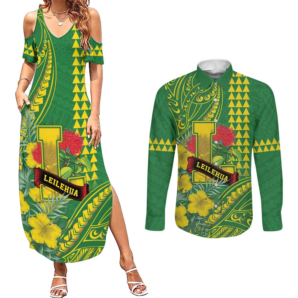 Personalised Hawaii Leilehua High School Couples Matching Summer Maxi Dress and Long Sleeve Button Shirt Tribal Tattoo With Hibiscus Flowers