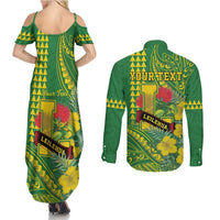 Personalised Hawaii Leilehua High School Couples Matching Summer Maxi Dress and Long Sleeve Button Shirt Tribal Tattoo With Hibiscus Flowers