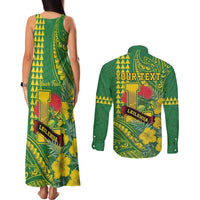 Personalised Hawaii Leilehua High School Couples Matching Tank Maxi Dress and Long Sleeve Button Shirt Tribal Tattoo With Hibiscus Flowers