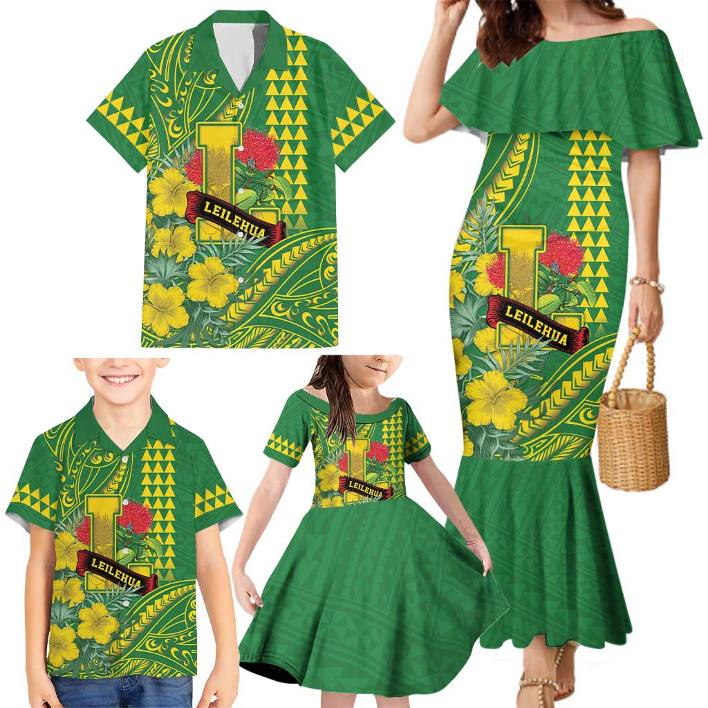 Personalised Hawaii Leilehua High School Family Matching Mermaid Dress and Hawaiian Shirt Tribal Tattoo With Hibiscus Flowers