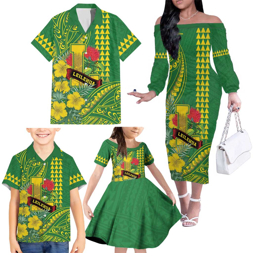 Personalised Hawaii Leilehua High School Family Matching Off The Shoulder Long Sleeve Dress and Hawaiian Shirt Tribal Tattoo With Hibiscus Flowers