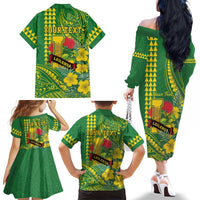 Personalised Hawaii Leilehua High School Family Matching Off The Shoulder Long Sleeve Dress and Hawaiian Shirt Tribal Tattoo With Hibiscus Flowers