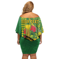 Personalised Hawaii Leilehua High School Family Matching Off Shoulder Short Dress and Hawaiian Shirt Tribal Tattoo With Hibiscus Flowers