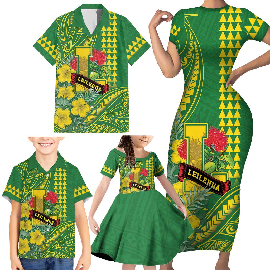 Personalised Hawaii Leilehua High School Family Matching Short Sleeve Bodycon Dress and Hawaiian Shirt Tribal Tattoo With Hibiscus Flowers