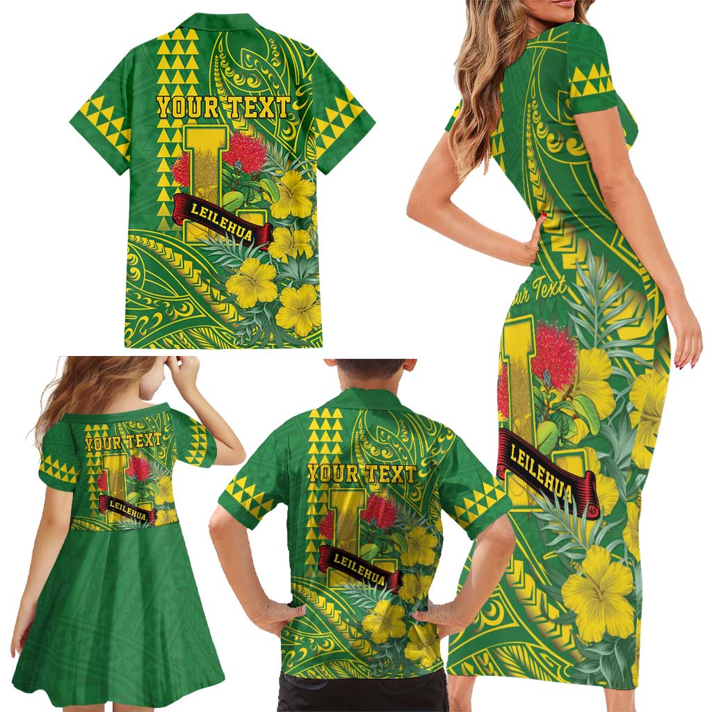 Personalised Hawaii Leilehua High School Family Matching Short Sleeve Bodycon Dress and Hawaiian Shirt Tribal Tattoo With Hibiscus Flowers