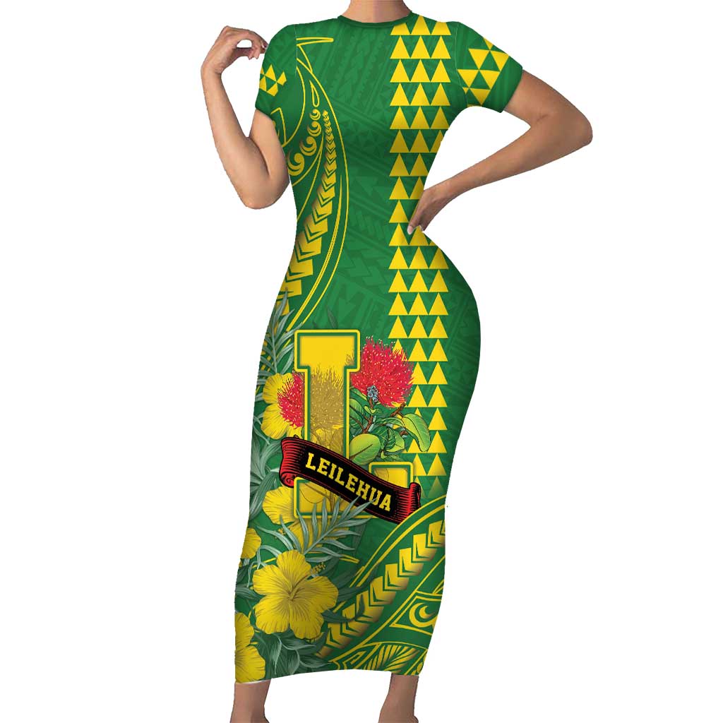 Personalised Hawaii Leilehua High School Family Matching Short Sleeve Bodycon Dress and Hawaiian Shirt Tribal Tattoo With Hibiscus Flowers