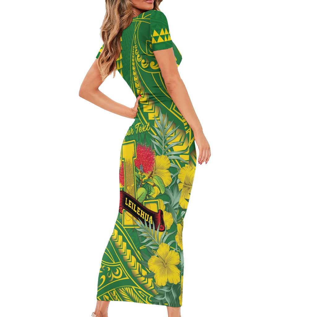 Personalised Hawaii Leilehua High School Family Matching Short Sleeve Bodycon Dress and Hawaiian Shirt Tribal Tattoo With Hibiscus Flowers