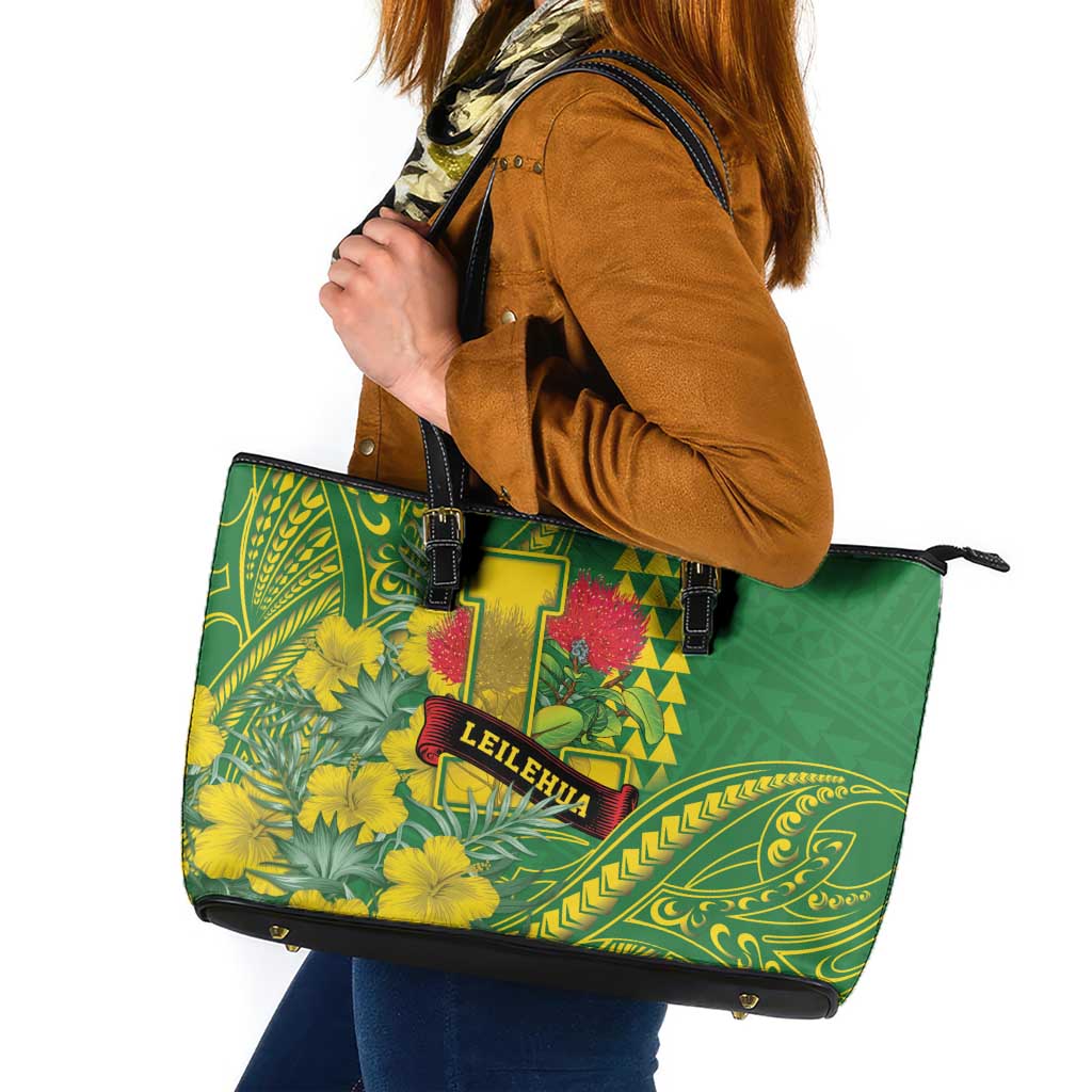 Hawaii Leilehua High School Leather Tote Bag Tribal Tattoo With Hibiscus Flowers