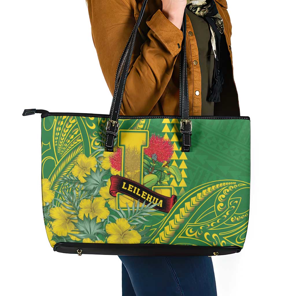 Hawaii Leilehua High School Leather Tote Bag Tribal Tattoo With Hibiscus Flowers