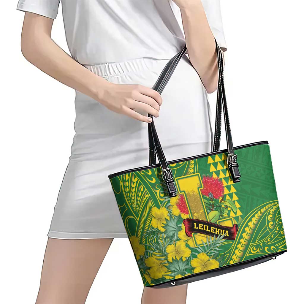 Hawaii Leilehua High School Leather Tote Bag Tribal Tattoo With Hibiscus Flowers