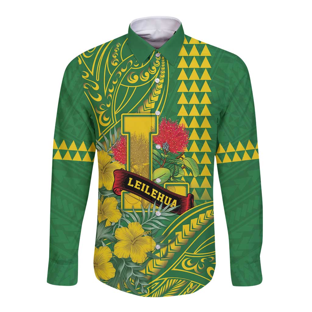Personalised Hawaii Leilehua High School Long Sleeve Button Shirt Tribal Tattoo With Hibiscus Flowers