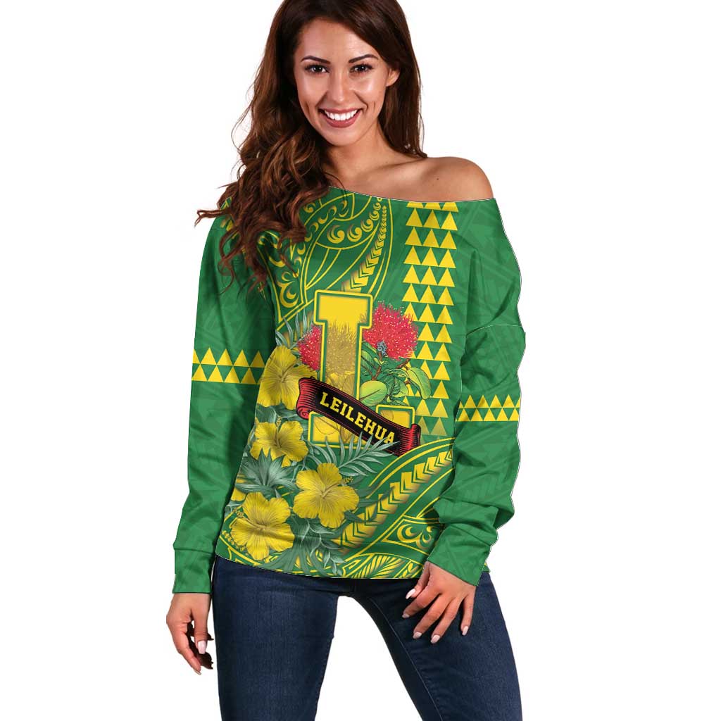 Personalised Hawaii Leilehua High School Off Shoulder Sweater Tribal Tattoo With Hibiscus Flowers