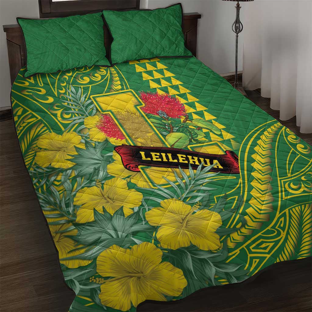 Hawaii Leilehua High School Quilt Bed Set Tribal Tattoo With Hibiscus Flowers LT05 Green - Polynesian Pride