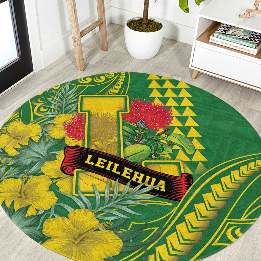 Hawaii Leilehua High School Round Carpet Tribal Tattoo With Hibiscus Flowers LT05 Green - Polynesian Pride