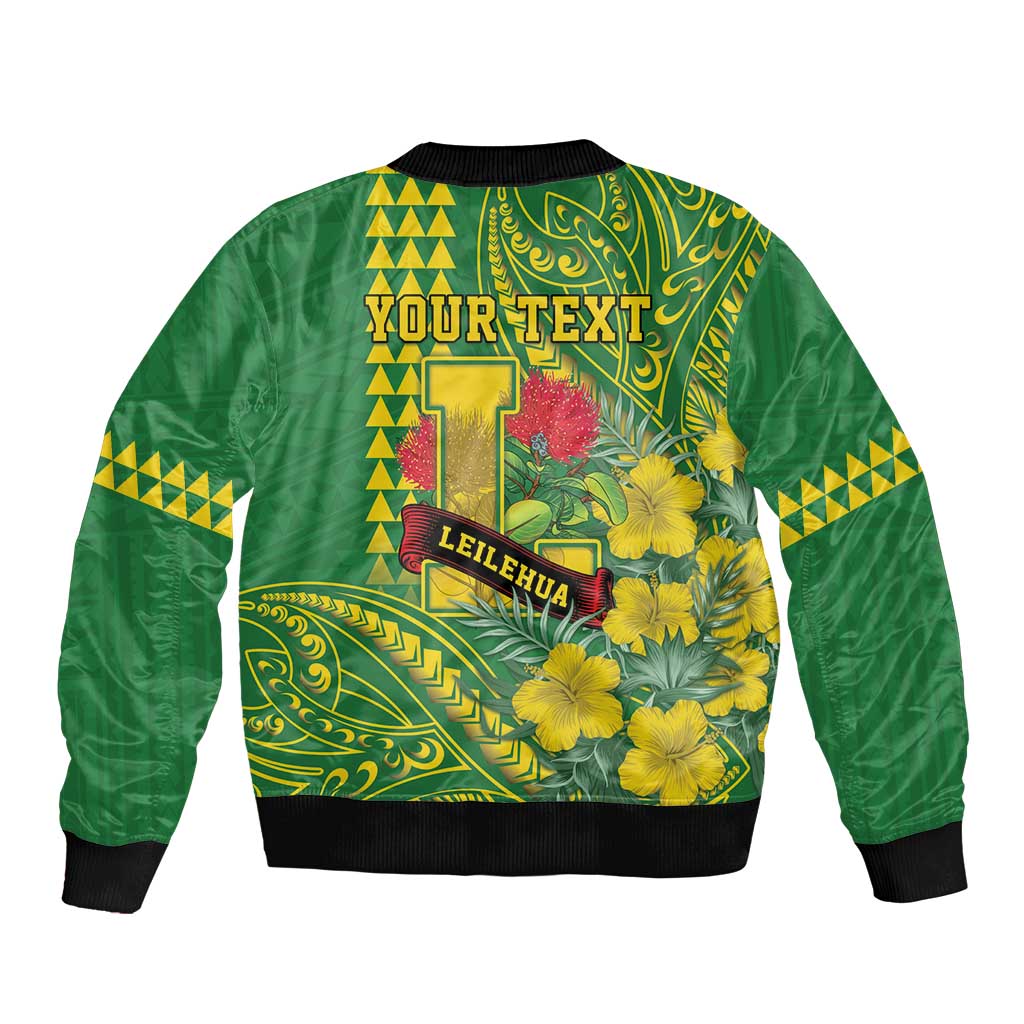 Personalised Hawaii Leilehua High School Sleeve Zip Bomber Jacket Tribal Tattoo With Hibiscus Flowers