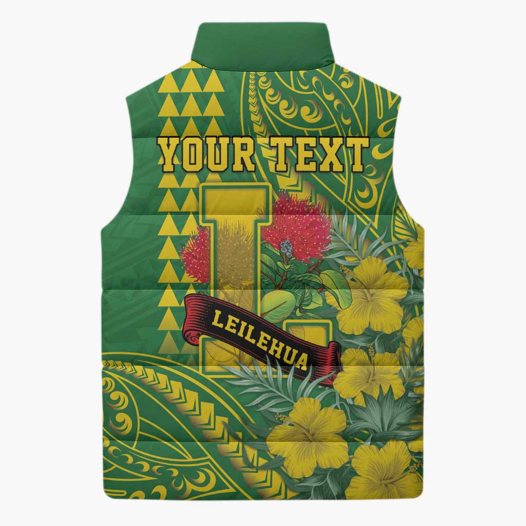 Personalised Hawaii Leilehua High School Sleeveless Puffer Jacket Tribal Tattoo With Hibiscus Flowers