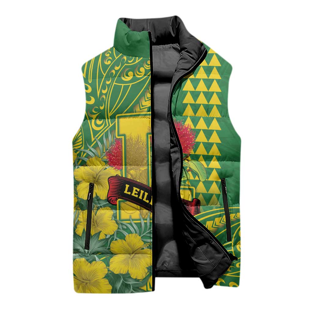Personalised Hawaii Leilehua High School Sleeveless Puffer Jacket Tribal Tattoo With Hibiscus Flowers