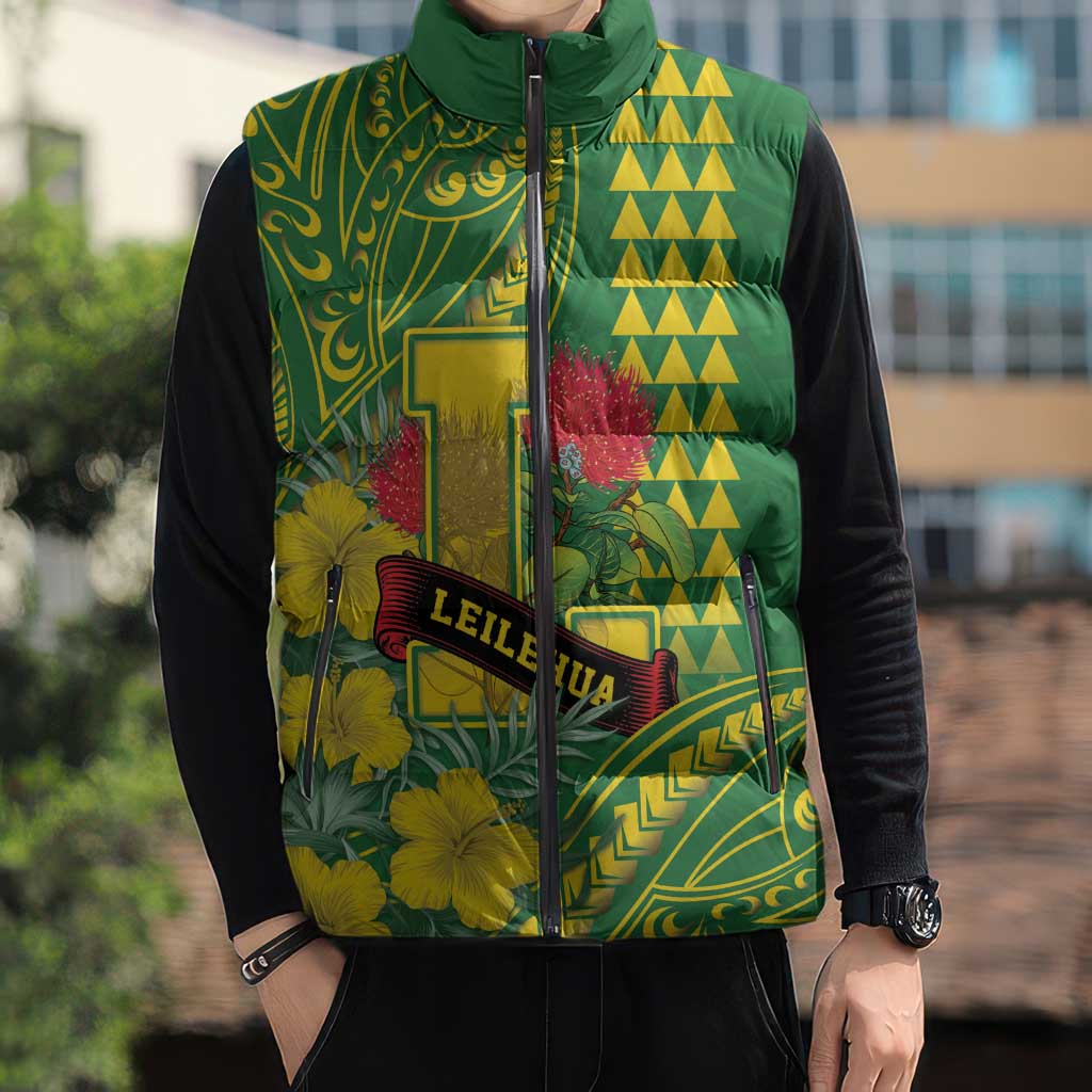 Personalised Hawaii Leilehua High School Sleeveless Puffer Jacket Tribal Tattoo With Hibiscus Flowers