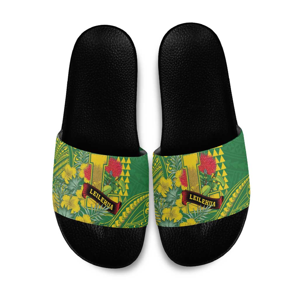 Hawaii Leilehua High School Slide Sandals Tribal Tattoo With Hibiscus Flowers LT05 Green - Polynesian Pride