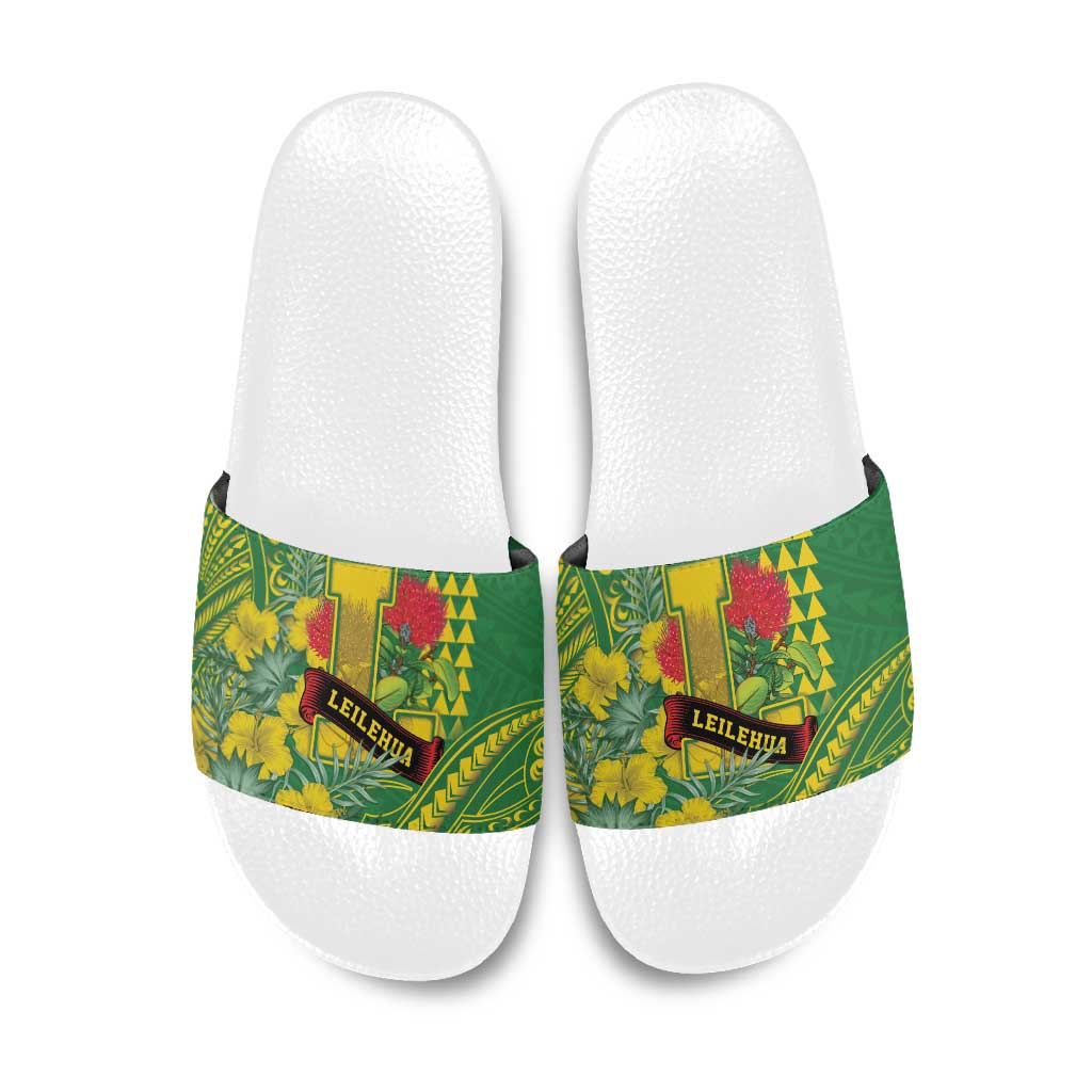 Hawaii Leilehua High School Slide Sandals Tribal Tattoo With Hibiscus Flowers LT05 Green - Polynesian Pride