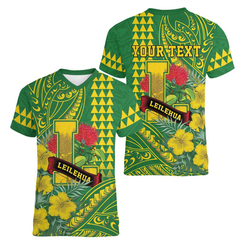 Personalised Hawaii Leilehua High School Women V-Neck T-Shirt Tribal Tattoo With Hibiscus Flowers